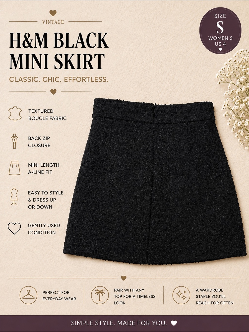 H&M Black Bouclé Mini Skirt Women’s Size S (US 4) Textured A-Line Chic Classic